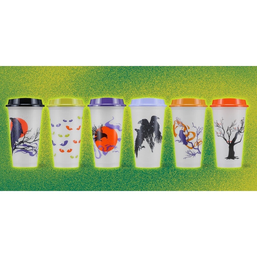 Starbucks‎ Halloween 2022 Set Of 6 Reusable Glow In The Dark Hot Cups Lids 16 OZ